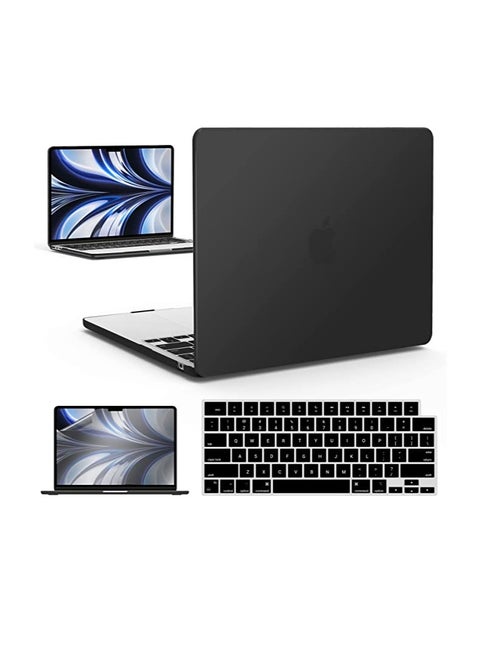 حافظة 3 في 1 متوافقة مع ماك بوك اير 15 بوصة إصدار 2024 2023 M3 M2 طراز A3114 A2941 مع Touch ID وشاشة Retina، حافظة بلاستيكية صلبة للكمبيوتر المحمول + غطاء لوحة مفاتيح + واقي شاشة، أسود