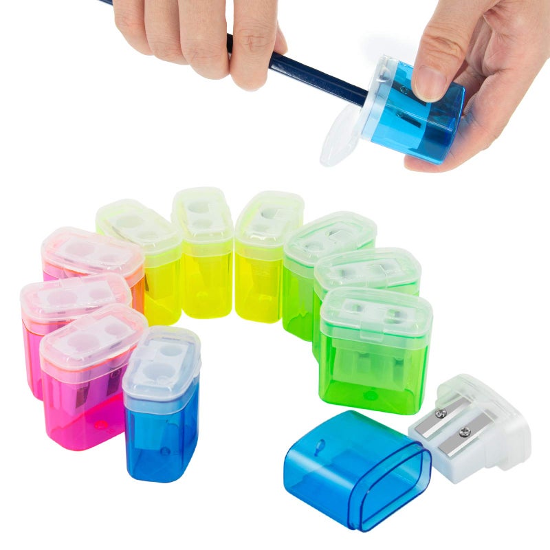 KIDMEN 12 PCS 2 Holes Small Manual Pencil Sharpener with Lid,for Kids,School - Image 1
