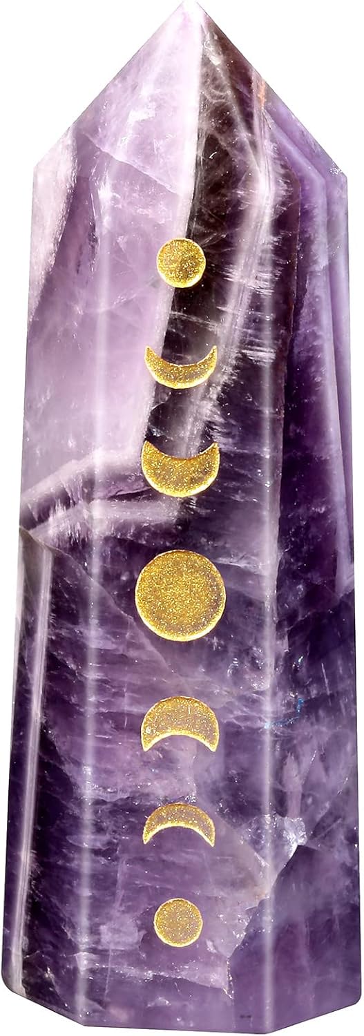 Rockcloud Moon Phase Engraved Crystal Point, Lunar Eclipse Hexagonal Wand Pocket Stone for Reiki Meditation Home Decoration, Amethyst