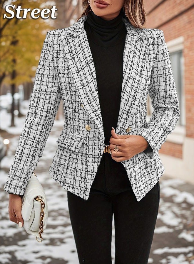 Mina Self 2025 Fall Tweed Blazers for Women Plaid Double-Breasted Petite Cardigan Jackets Cute Winter Coats with Pockets, Brown, M - Image 5