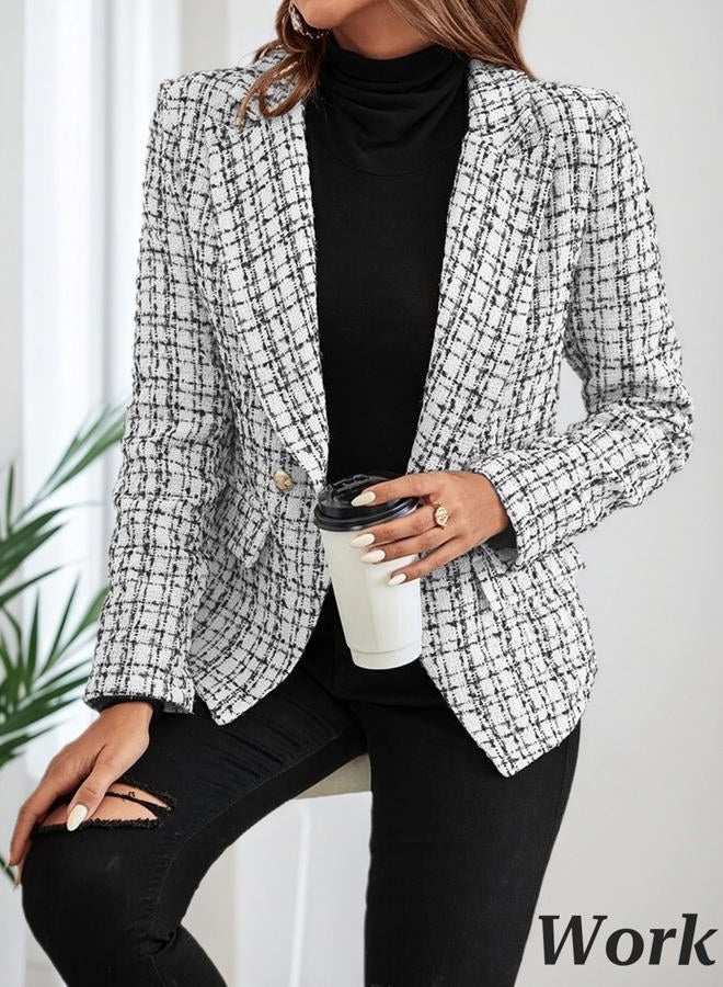 Mina Self 2025 Fall Tweed Blazers for Women Plaid Double-Breasted Petite Cardigan Jackets Cute Winter Coats with Pockets, Brown, M - Image 3