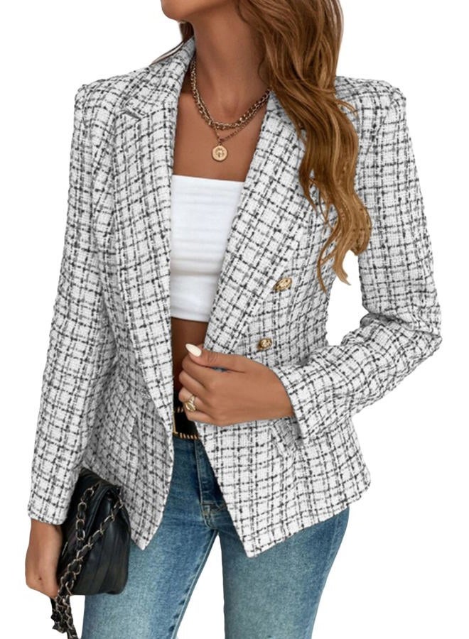 Mina Self 2025 Fall Tweed Blazers for Women Plaid Double-Breasted Petite Cardigan Jackets Cute Winter Coats with Pockets, Brown, M - Image 1