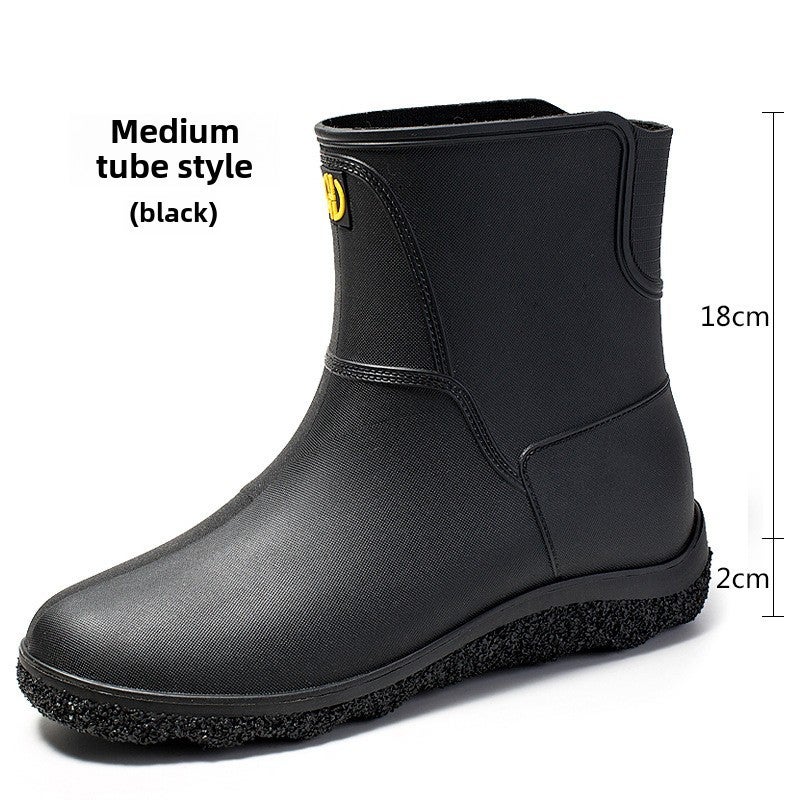 Mens Low-cut Outdoor Rain Shoes Waterproof Mid-calf pure black shoes