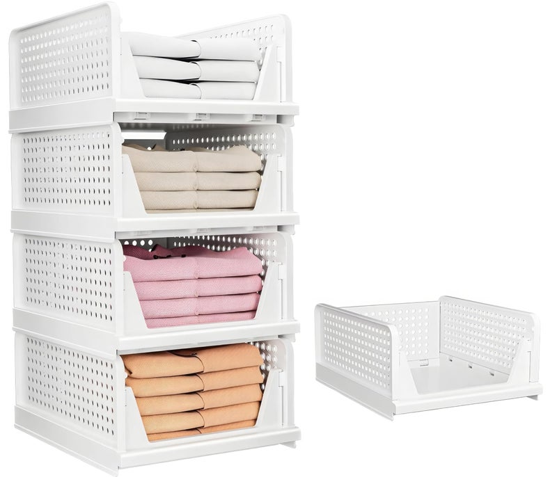 KWER Plastic 5 Pieces Clothes for Wardrobe Cupboard for Clothes Foldable and Stackable Closet Drawer Organizer for Clothes, Almirah Space Organizer (Pack of 5), White - Image 1