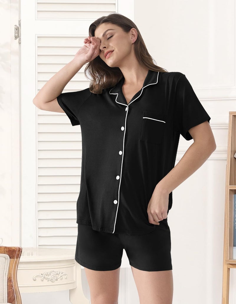 YOPUGEE Pajamas Sets for Women 2 Piece Shorts Cotton Pjs Set Short Sleeve Button Down Sleepwear Pjs Set, Black-M - Image 5