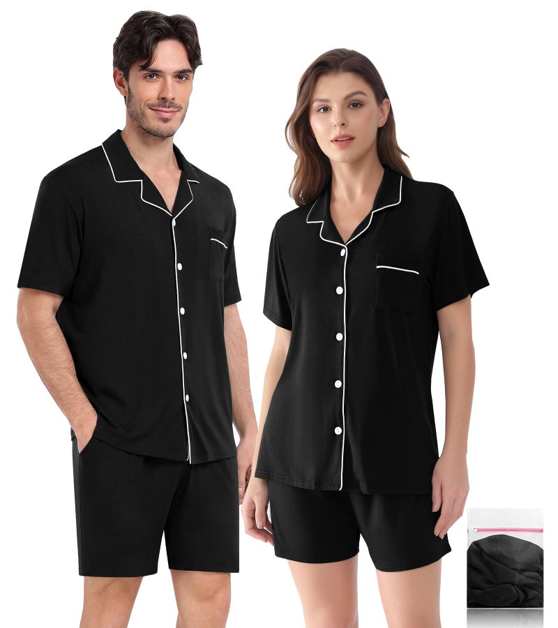 YOPUGEE Pajamas Sets for Women 2 Piece Shorts Cotton Pjs Set Short Sleeve Button Down Sleepwear Pjs Set, Black-M - Image 1