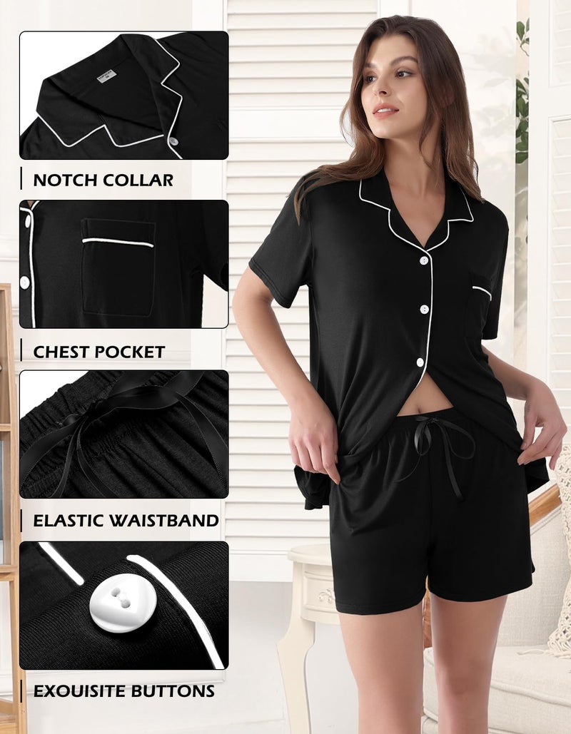 YOPUGEE Pajamas Sets for Women 2 Piece Shorts Cotton Pjs Set Short Sleeve Button Down Sleepwear Pjs Set, Black-M - Image 4