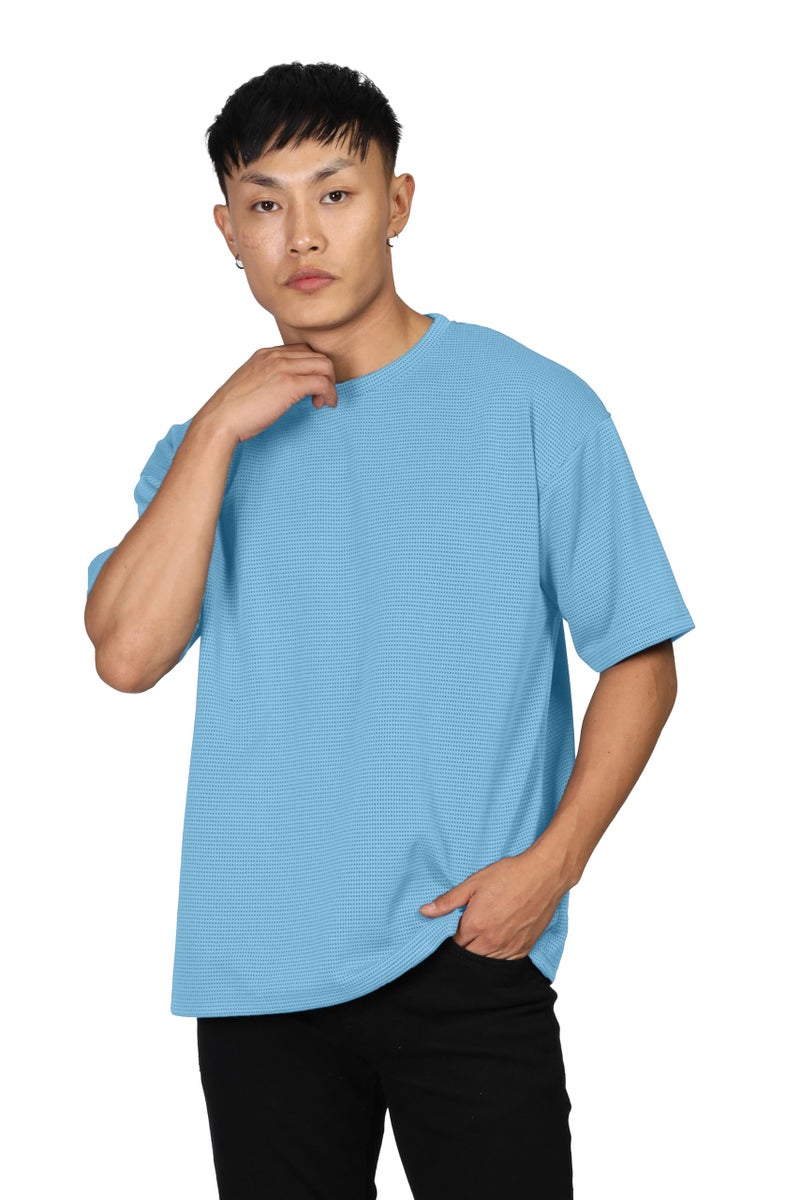 SHODOX® Men Oversized T Shirt Solid Dotted Design | Round Neck Loose Fit Drop Shoulder Casual T-Shirt for Men Light Blue - Image 2