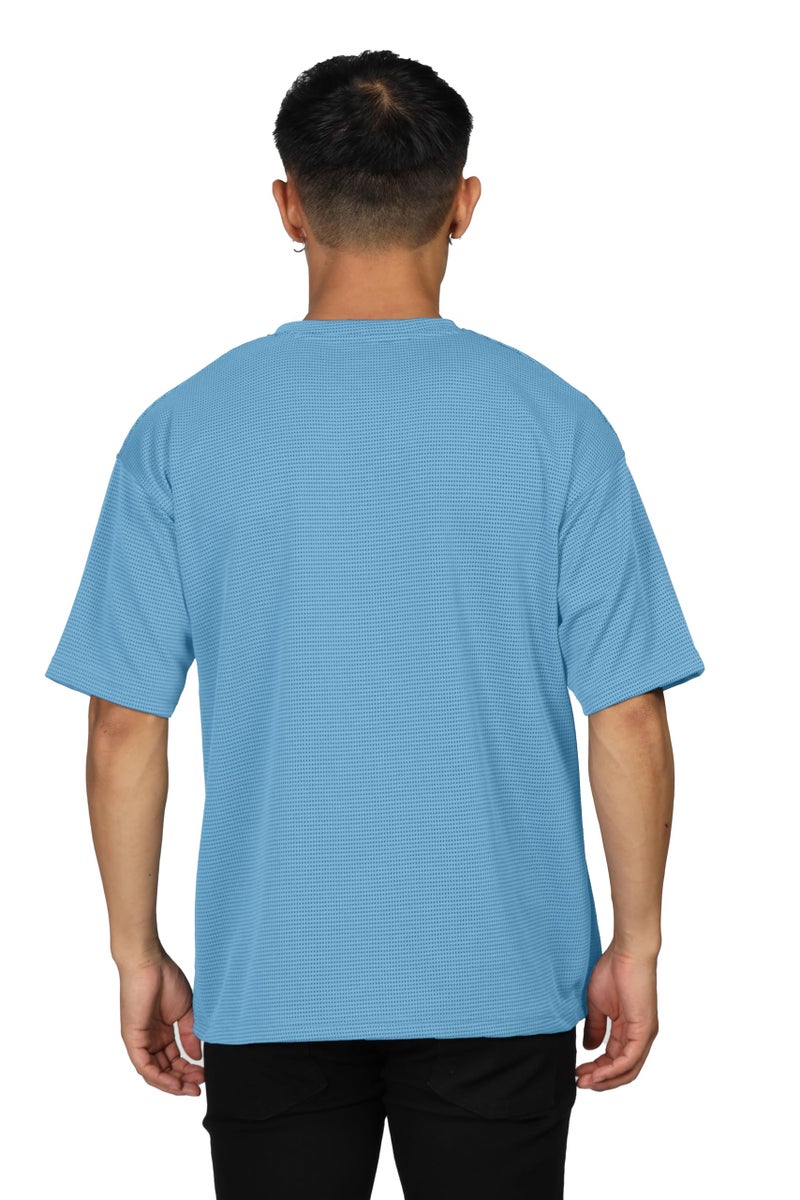 SHODOX® Men Oversized T Shirt Solid Dotted Design | Round Neck Loose Fit Drop Shoulder Casual T-Shirt for Men Light Blue - Image 3