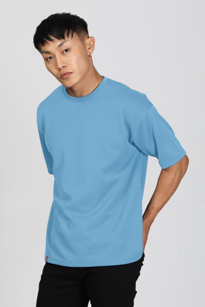 SHODOX® Men Oversized T Shirt Solid Dotted Design | Round Neck Loose Fit Drop Shoulder Casual T-Shirt for Men Light Blue - Image 5