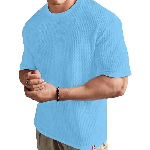 SHODOX® Men Oversized T Shirt Solid Dotted Design | Round Neck Loose Fit Drop Shoulder Casual T-Shirt for Men Light Blue - Image 1