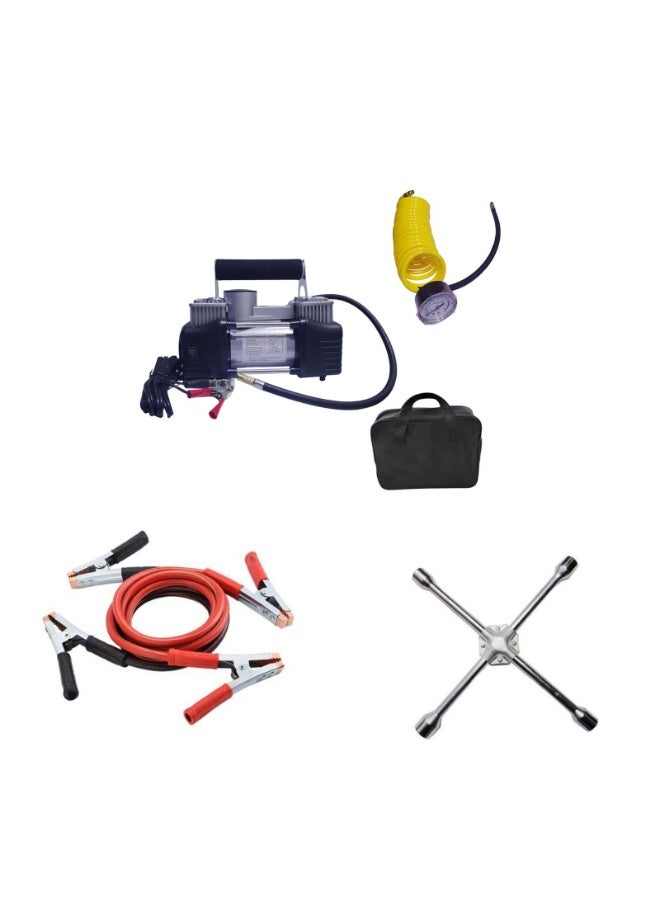Car Air Compressor - 2 Cylinder + Wheel Wrench + Battery Cable