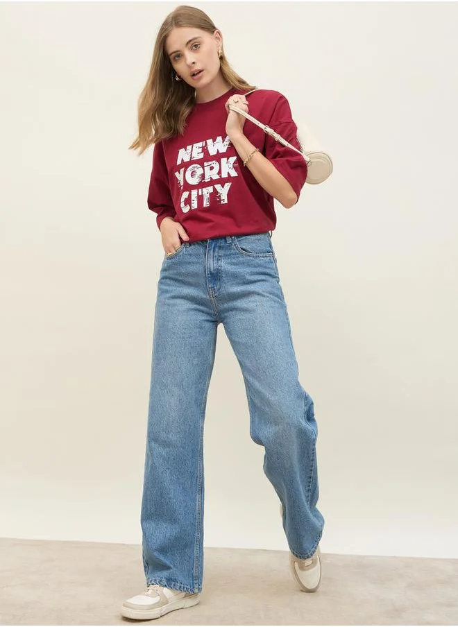 Styli New York City Slogan Print Dropped Shoulder T-Shirt