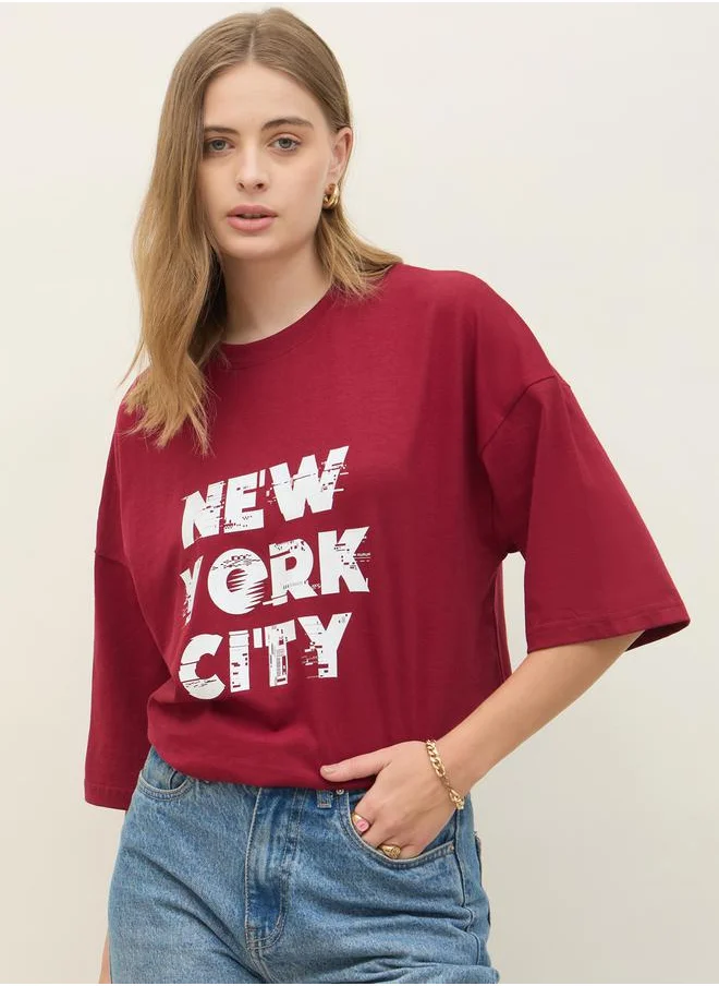 Styli New York City Slogan Print Dropped Shoulder T-Shirt