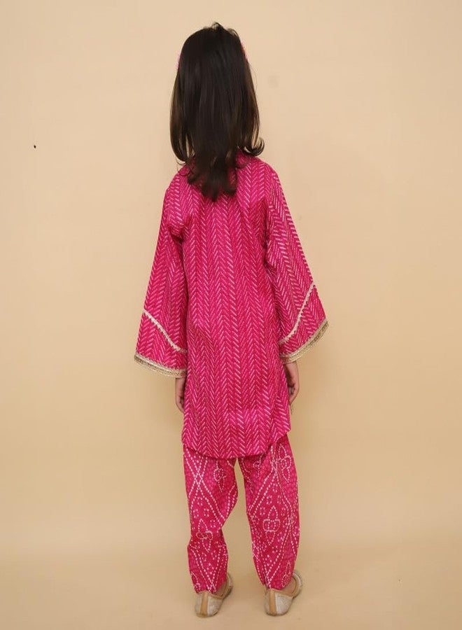 LITTLE GINNIE طقم كورتا قطن لفتاة صغيرة جيني 7-8 سنوات، وردي، طباعة بندhani، ملابس تقليدية للفتيات - Image 2