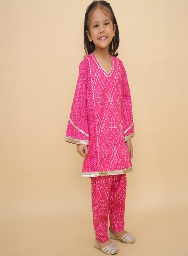 LITTLE GINNIE طقم كورتا قطن لفتاة صغيرة جيني 7-8 سنوات، وردي، طباعة بندhani، ملابس تقليدية للفتيات - Image 4