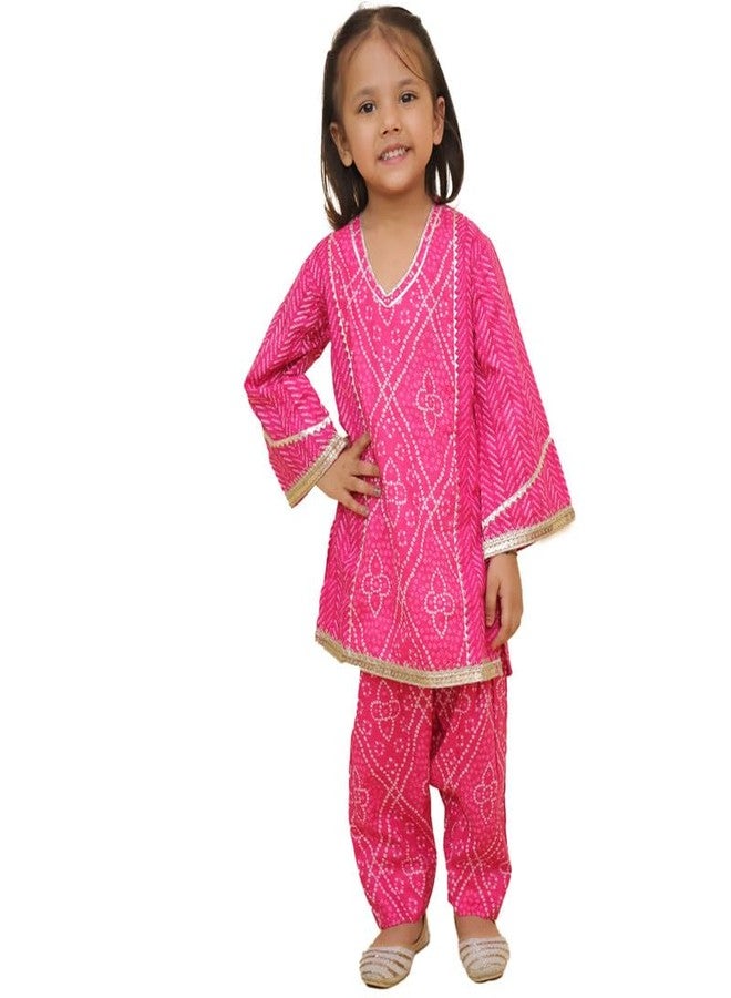 LITTLE GINNIE طقم كورتا قطن لفتاة صغيرة جيني 7-8 سنوات، وردي، طباعة بندhani، ملابس تقليدية للفتيات - Image 1
