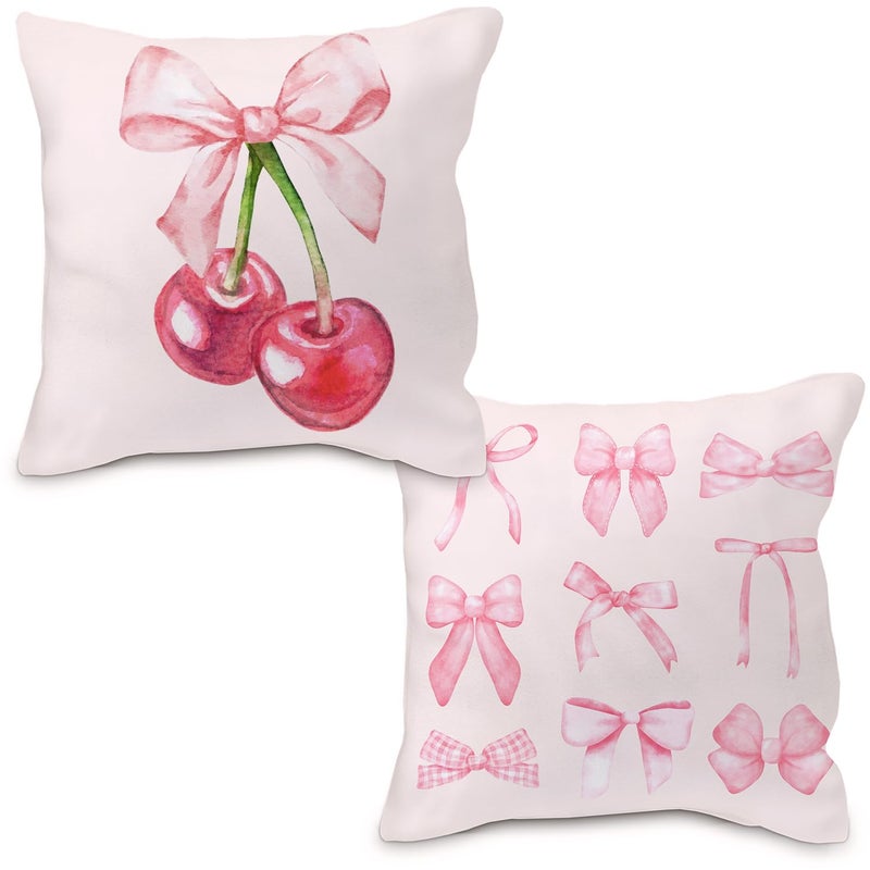 Nvotell Pink Cherry Decorative Pillow Covers Set of 2- Preppy Bowknot Pillow Covers 18x18, Cherry Couch Pillow Covers, Cherry Room Decor, Pink Outdoor Pillow Covers for Living Room Sofa Bed - Image 1