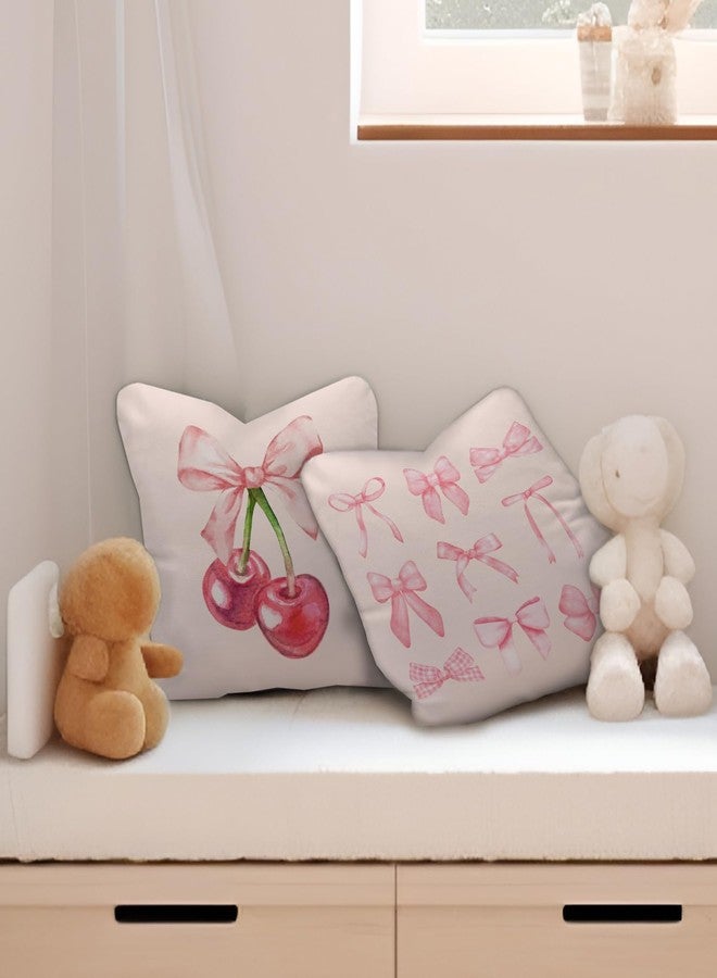 Nvotell Pink Cherry Decorative Pillow Covers Set of 2- Preppy Bowknot Pillow Covers 18x18, Cherry Couch Pillow Covers, Cherry Room Decor, Pink Outdoor Pillow Covers for Living Room Sofa Bed - Image 4