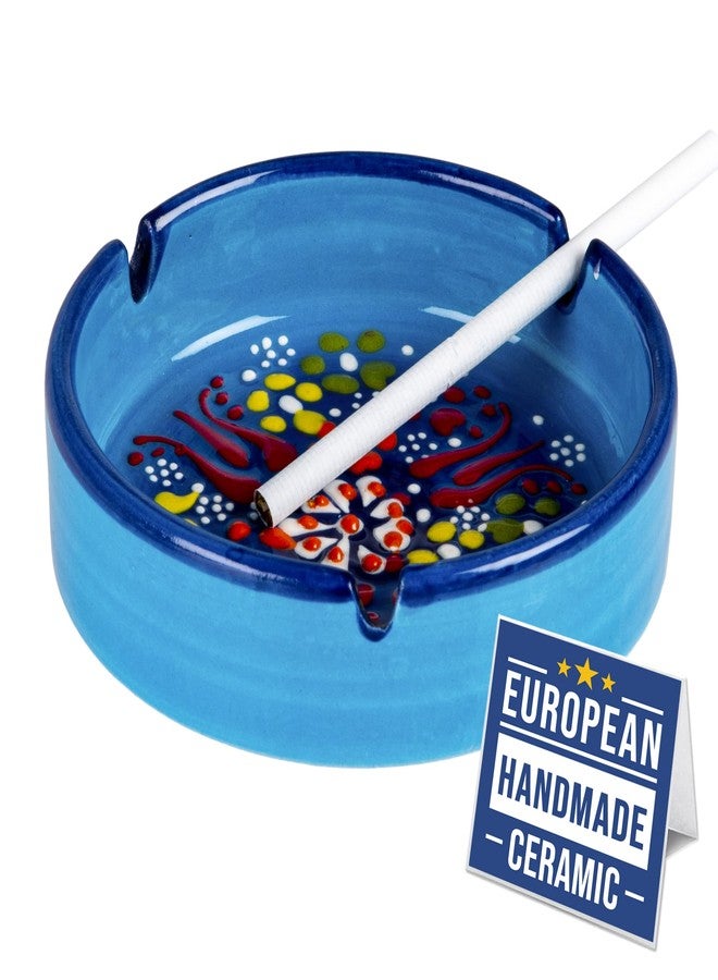 Crystalia Ceramic Ashtrays, Hand Decorated Cigar Ash Trays for Outdoor Indoor Home Patio or Tabletop, Cute Ashtray for Cigarettes, Vintage Ash Holder (Blue) - Image 1