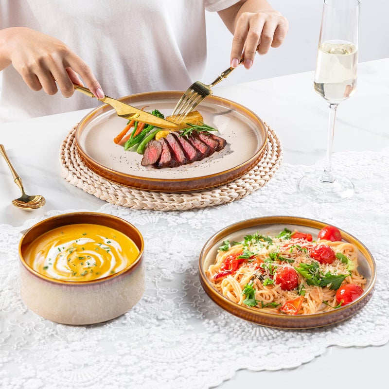 LeRatio Ceramic Dinnerware Sets for 4,Round Reactive Glaze Ceramic Plates and Bowls Set,Highly Chip and Crack Resistant | Dishwasher & Microwave Safe Dishes Set,Service for 4 (12pc)-Kahki - Image 4