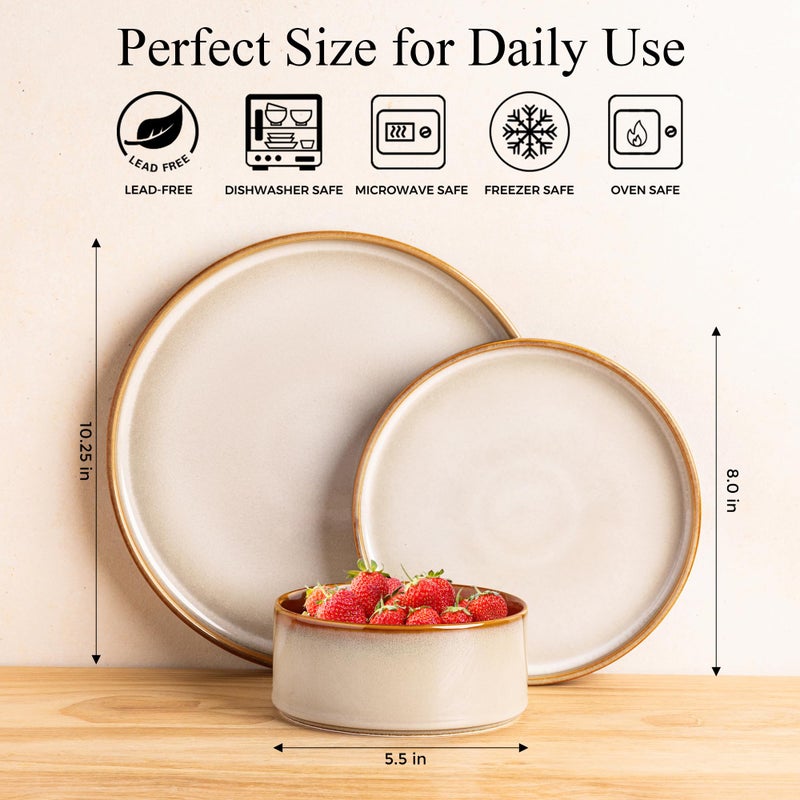 LeRatio Ceramic Dinnerware Sets for 4,Round Reactive Glaze Ceramic Plates and Bowls Set,Highly Chip and Crack Resistant | Dishwasher & Microwave Safe Dishes Set,Service for 4 (12pc)-Kahki - Image 2