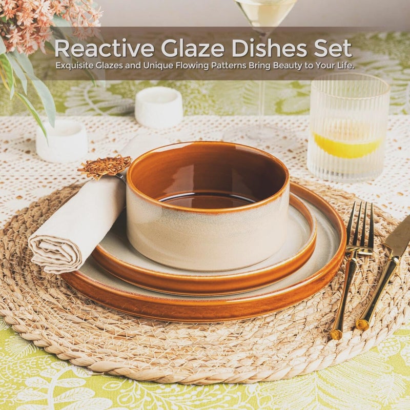LeRatio Ceramic Dinnerware Sets for 4,Round Reactive Glaze Ceramic Plates and Bowls Set,Highly Chip and Crack Resistant | Dishwasher & Microwave Safe Dishes Set,Service for 4 (12pc)-Kahki - Image 3