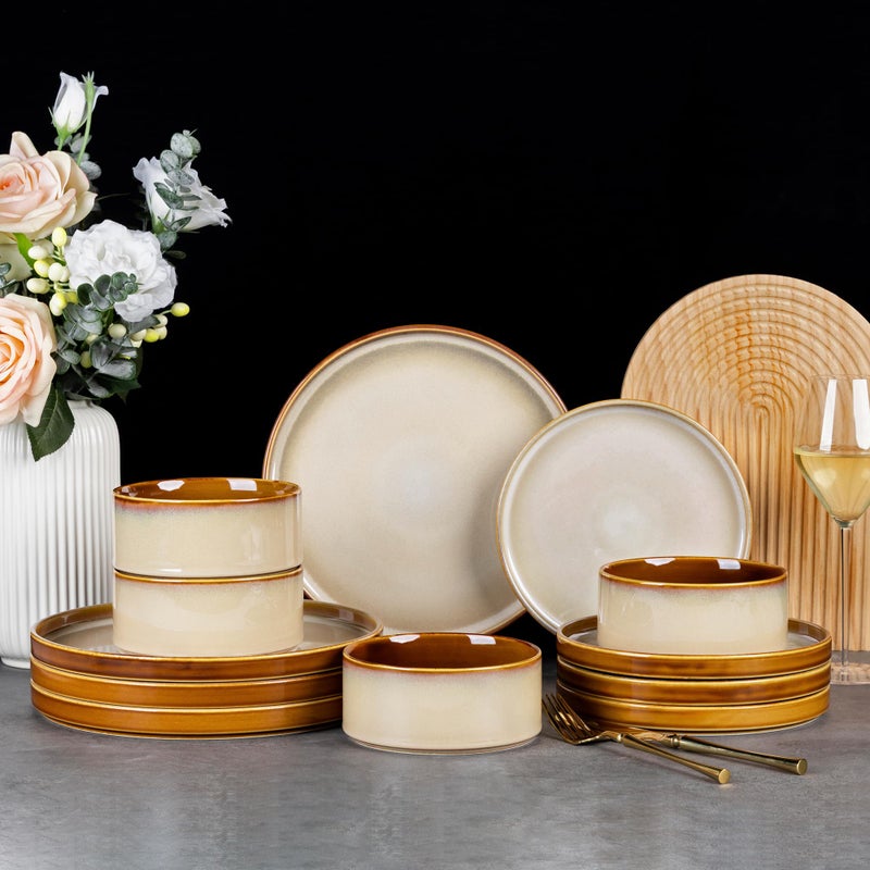 LeRatio Ceramic Dinnerware Sets for 4,Round Reactive Glaze Ceramic Plates and Bowls Set,Highly Chip and Crack Resistant | Dishwasher & Microwave Safe Dishes Set,Service for 4 (12pc)-Kahki - Image 1