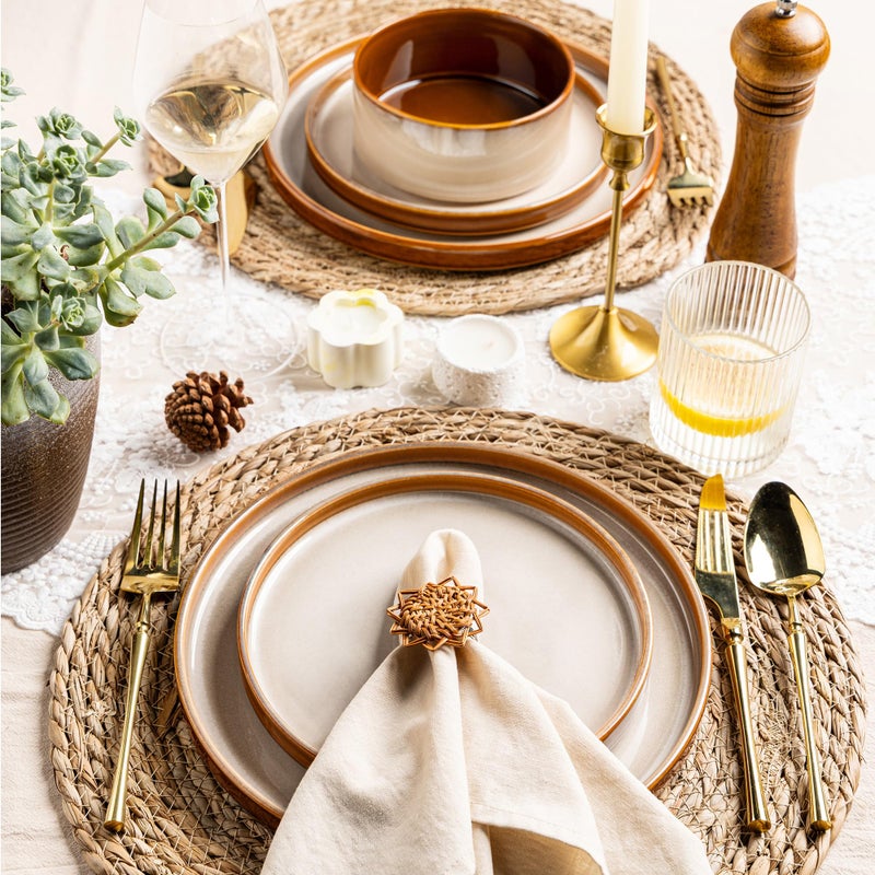 LeRatio Ceramic Dinnerware Sets for 4,Round Reactive Glaze Ceramic Plates and Bowls Set,Highly Chip and Crack Resistant | Dishwasher & Microwave Safe Dishes Set,Service for 4 (12pc)-Kahki - Image 5