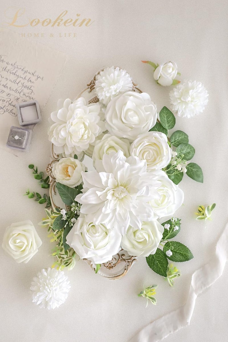 Lookein Artificial Flowers for DIY Wedding Decoration Bridal Bouquet Table Centerpieces Flower Garland Wreaths Aisle Arch Flower Decoration Home Decor, Vibrant Ivory - Image 2
