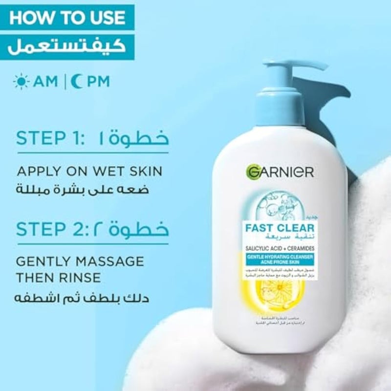 Garnier Fast Clear Gentle Cleanser, Deep Hydrating Face Wash for Acne Prone Skin with Salicylic Acid and Ceramides, Sulphate and Fragrance Free, 250ml - Image 4