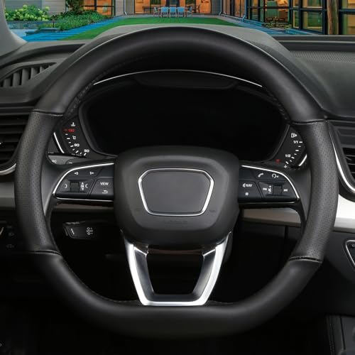 Cxtiy D Shaped Steering Wheel Cover, Genuine Leather Flat Bottom Stearing Wheel Cover Luxury Car Accessories 14 1/2-15 inch (Black) - Image 3