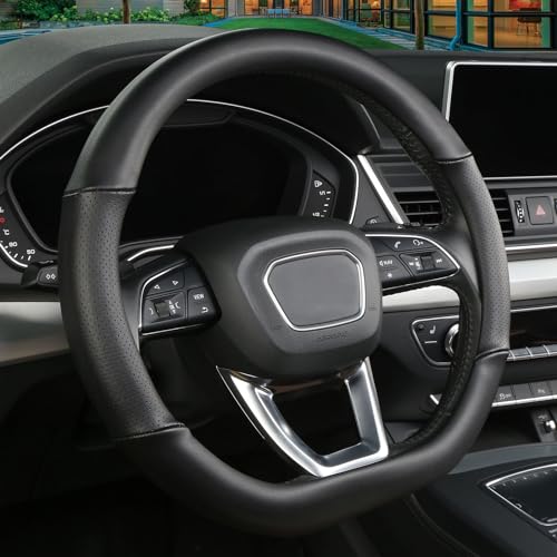 Cxtiy D Shaped Steering Wheel Cover, Genuine Leather Flat Bottom Stearing Wheel Cover Luxury Car Accessories 14 1/2-15 inch (Black) - Image 2