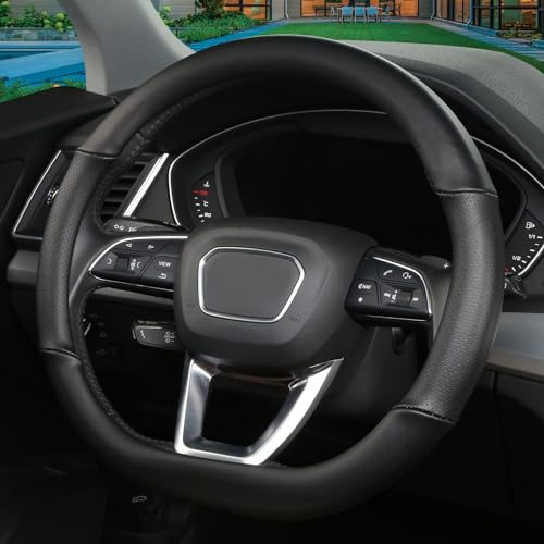 Cxtiy D Shaped Steering Wheel Cover, Genuine Leather Flat Bottom Stearing Wheel Cover Luxury Car Accessories 14 1/2-15 inch (Black) - Image 4