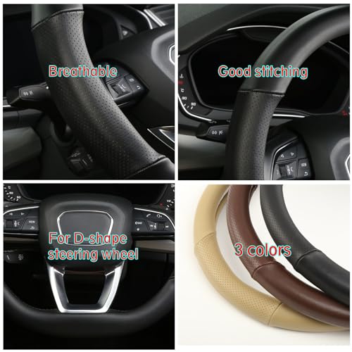 Cxtiy D Shaped Steering Wheel Cover, Genuine Leather Flat Bottom Stearing Wheel Cover Luxury Car Accessories 14 1/2-15 inch (Black) - Image 5