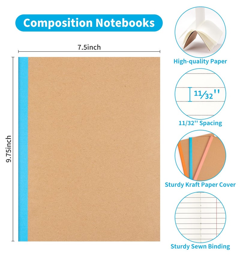 ALKALO 12 Pack Composition Notebook Journals Bulk, 7-1/2" x 9-3/4", Wide Ruled Paper, 30 Sheets/60 Pages, Kraft Cover with Rainbow Spines, 12 Colors School Lined Notebook Journal for Work Study Note Taking - Image 2