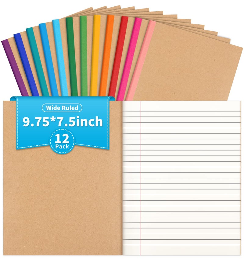 ALKALO 12 Pack Composition Notebook Journals Bulk, 7-1/2" x 9-3/4", Wide Ruled Paper, 30 Sheets/60 Pages, Kraft Cover with Rainbow Spines, 12 Colors School Lined Notebook Journal for Work Study Note Taking - Image 1