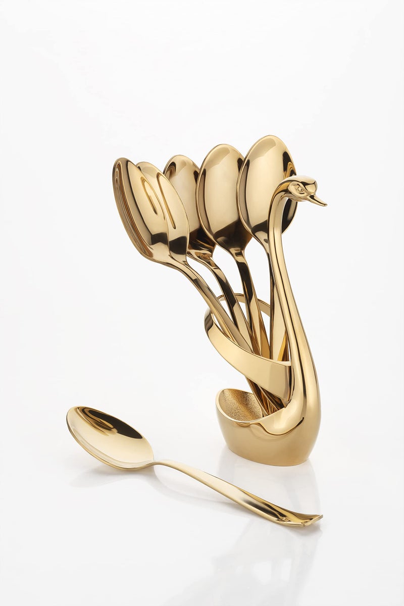 ROSTON Cutlery Set 6 Pcs Stainless Steel Gold Premium Spoon Set Luxury Dinning Tabelware Gift for House Warming (6Pcs Spoon and Stand), 17 CM - Image 1