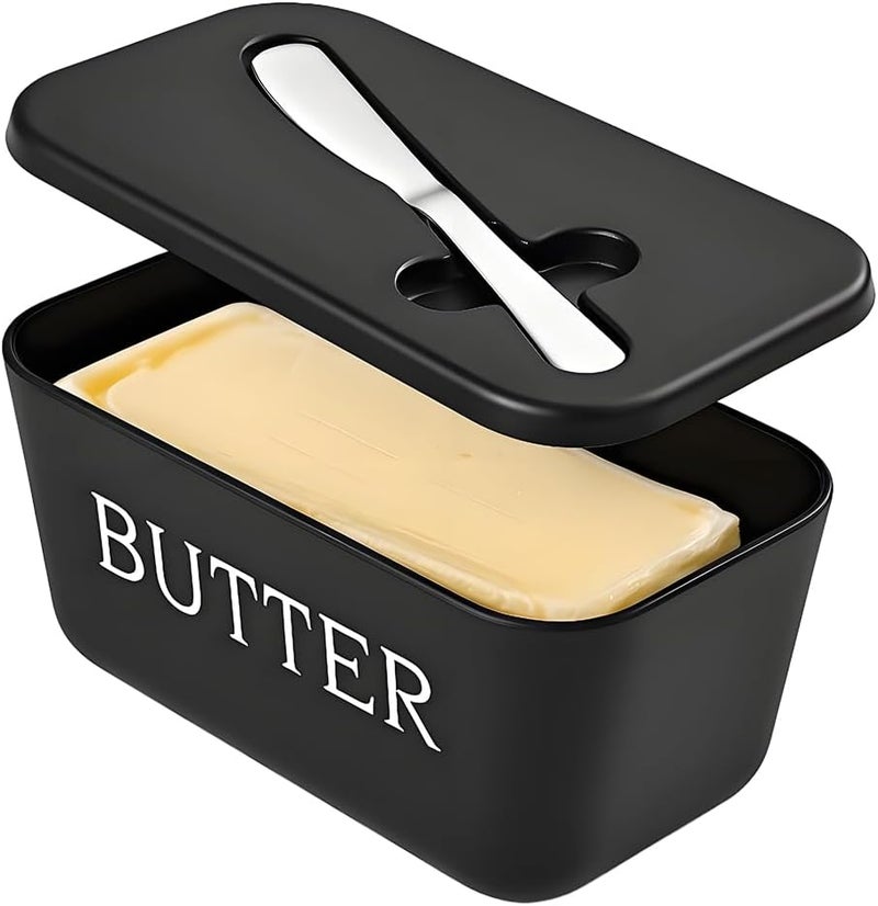Dehov Large Plastic Butter Dish With Lid And Knife,Food Grade PP Butter Holder Keeper With Cover For Kitchen Refrigerator Black Butter Container - Image 1
