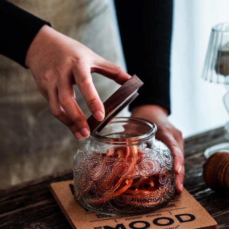 ANSQU Vintage Glass Storage Jar, 25.4 FL OZ Food Storage Jar with Solid Wooden Lid, Tea Bag Organiser for Home Kitchen Decor, Holds Oats, Jam, Coffee, Candy, Biscuits and Sugar (Round Flower) - Image 4