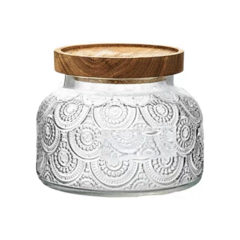 ANSQU Vintage Glass Storage Jar, 25.4 FL OZ Food Storage Jar with Solid Wooden Lid, Tea Bag Organiser for Home Kitchen Decor, Holds Oats, Jam, Coffee, Candy, Biscuits and Sugar (Round Flower) - Image 1