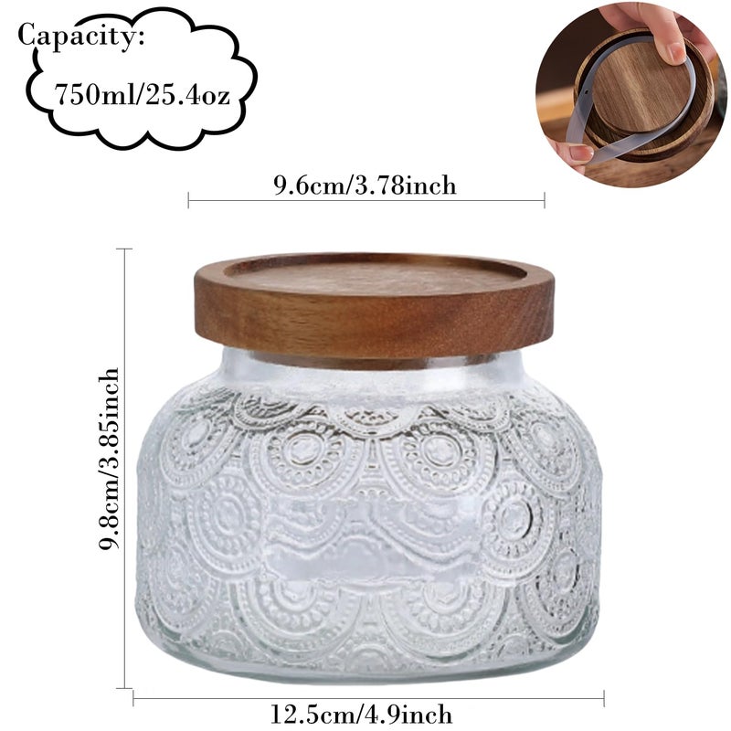 ANSQU Vintage Glass Storage Jar, 25.4 FL OZ Food Storage Jar with Solid Wooden Lid, Tea Bag Organiser for Home Kitchen Decor, Holds Oats, Jam, Coffee, Candy, Biscuits and Sugar (Round Flower) - Image 2