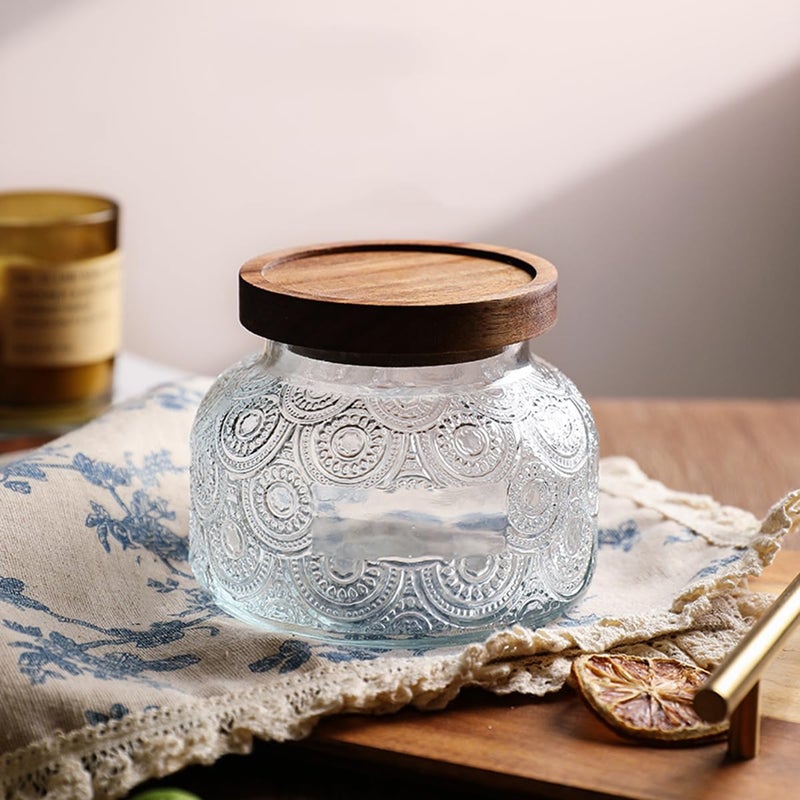 ANSQU Vintage Glass Storage Jar, 25.4 FL OZ Food Storage Jar with Solid Wooden Lid, Tea Bag Organiser for Home Kitchen Decor, Holds Oats, Jam, Coffee, Candy, Biscuits and Sugar (Round Flower) - Image 3