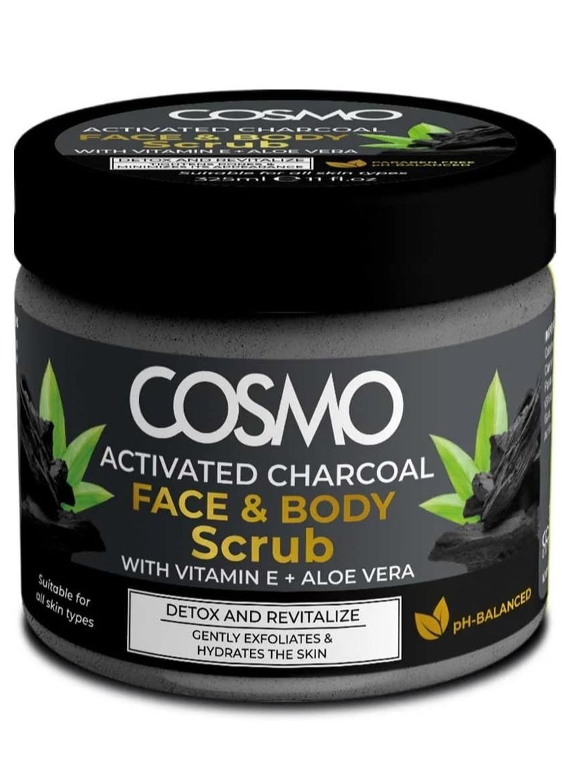 COSMO Cosmo Activated Charcoal Face & Body Scrub 325ml, Detox and Revertalize, With Vitamin E + Aloe Vera, Gentrly Exfoliates & Hydrates the Skin, Youthful Glow. 