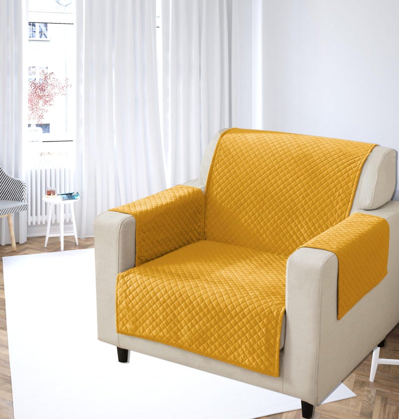 KINGLY Velvet Quilted Universal Elastic Sofa Cover Non-Slip Sofa Protector 5 Seater Armchair Cover with Machine Washable Adjustable Elastic Straps (3+1+1 Seater) (Yellow) - Image 2