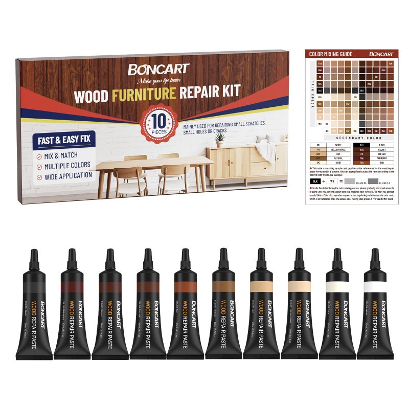Boncart Wood Furniture Repair Kit Wood Touch up Fillers Repair Scratches Cracks Paint Chips and Nail Holes on Furniture Floors Doors Cabinets and Tables 10 Colors - Image 2