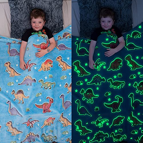 Dinosaur Blanket for Boys Glow in The Dark Blanket for Boys and Girls Toddler  Soft Cozy Fleece Dino Warm Throw Blanket Blue Kids Plush Blankets Kids Blankets and Throws 50 x 60
