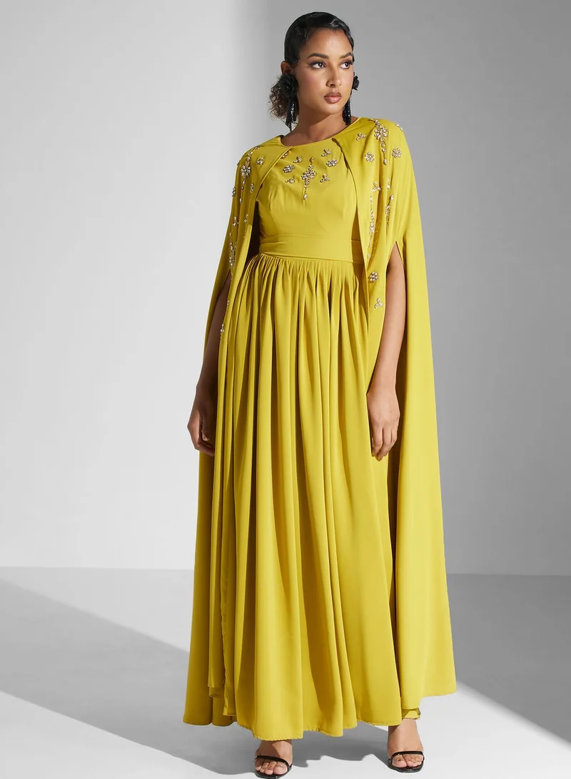 Yaser albik Embellished Cape Maxi Dress