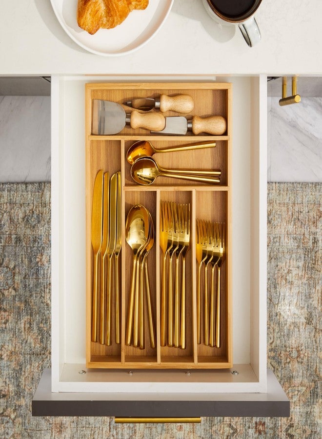 Juvale Bamboo Silverware Drawer Organizer with 6 Slots, Wooden Cutlery Tray Holder for Kitchen, Flatware, Utensils, 14.5 x 10.25 x 1.75 In - Silverware Organizer - Image 4