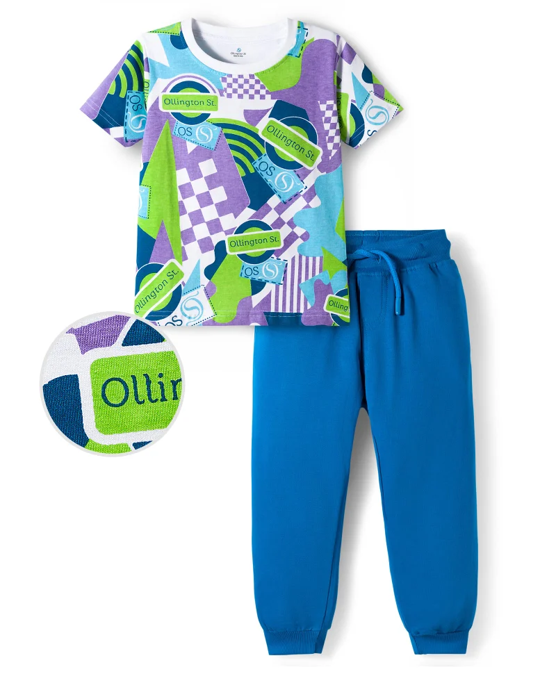 Ollington St. Ollington St. 100% Cotton Knit Half Sleeves Printed T-Shirt & Jogger Set - Blue
